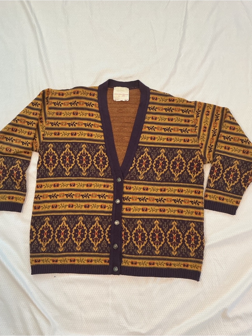 Men's Patterned Mustard and Navy Button-Front Cardigan